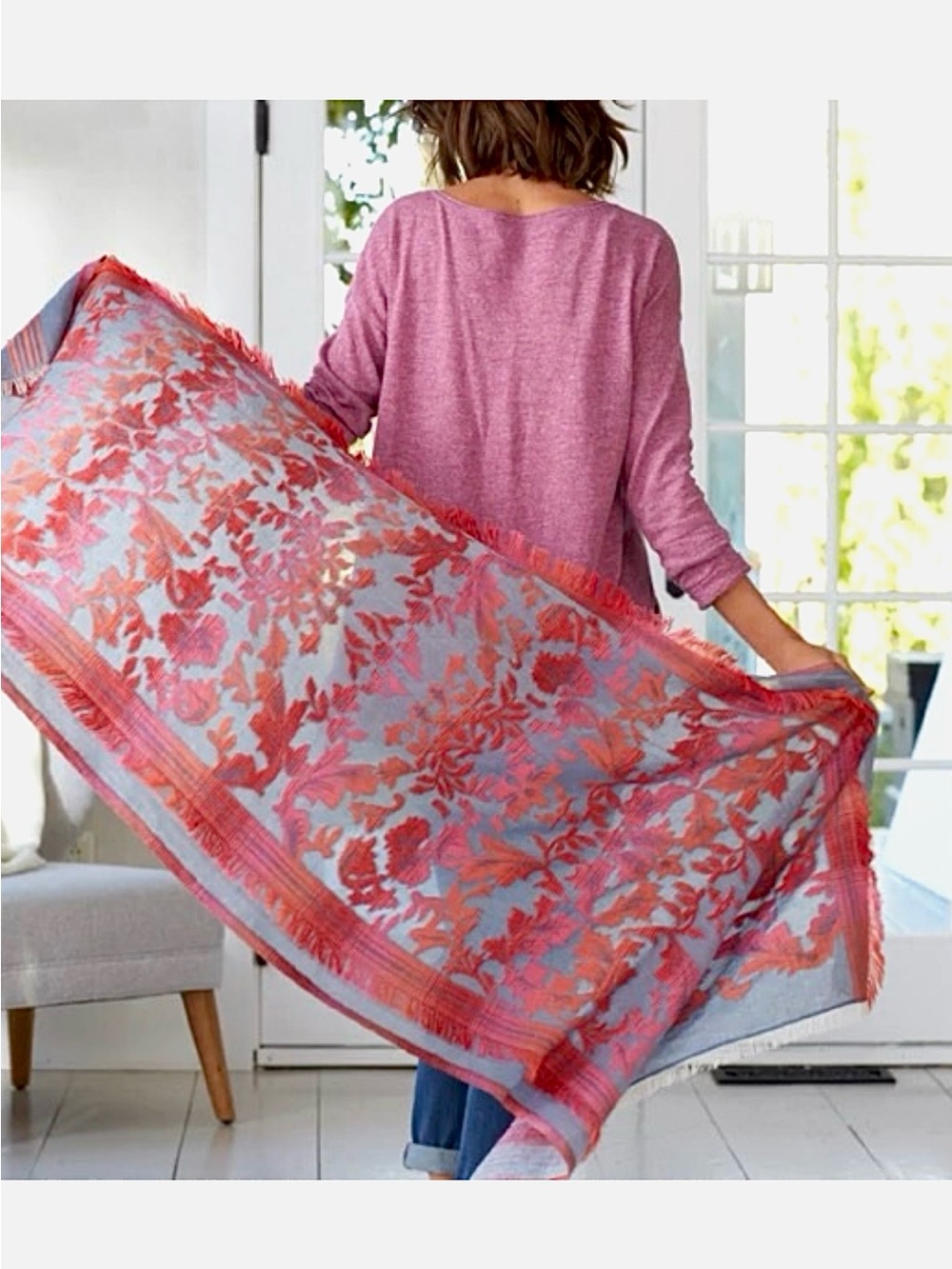J. Jill Ombre Leaves Jacquard Scarf with Fringe Detailing, Soft and Lightweight